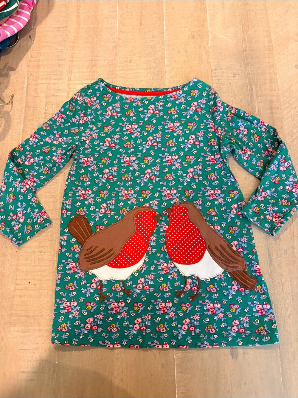 MB Green Floral Kids Tunic with Red Bird Appliqué